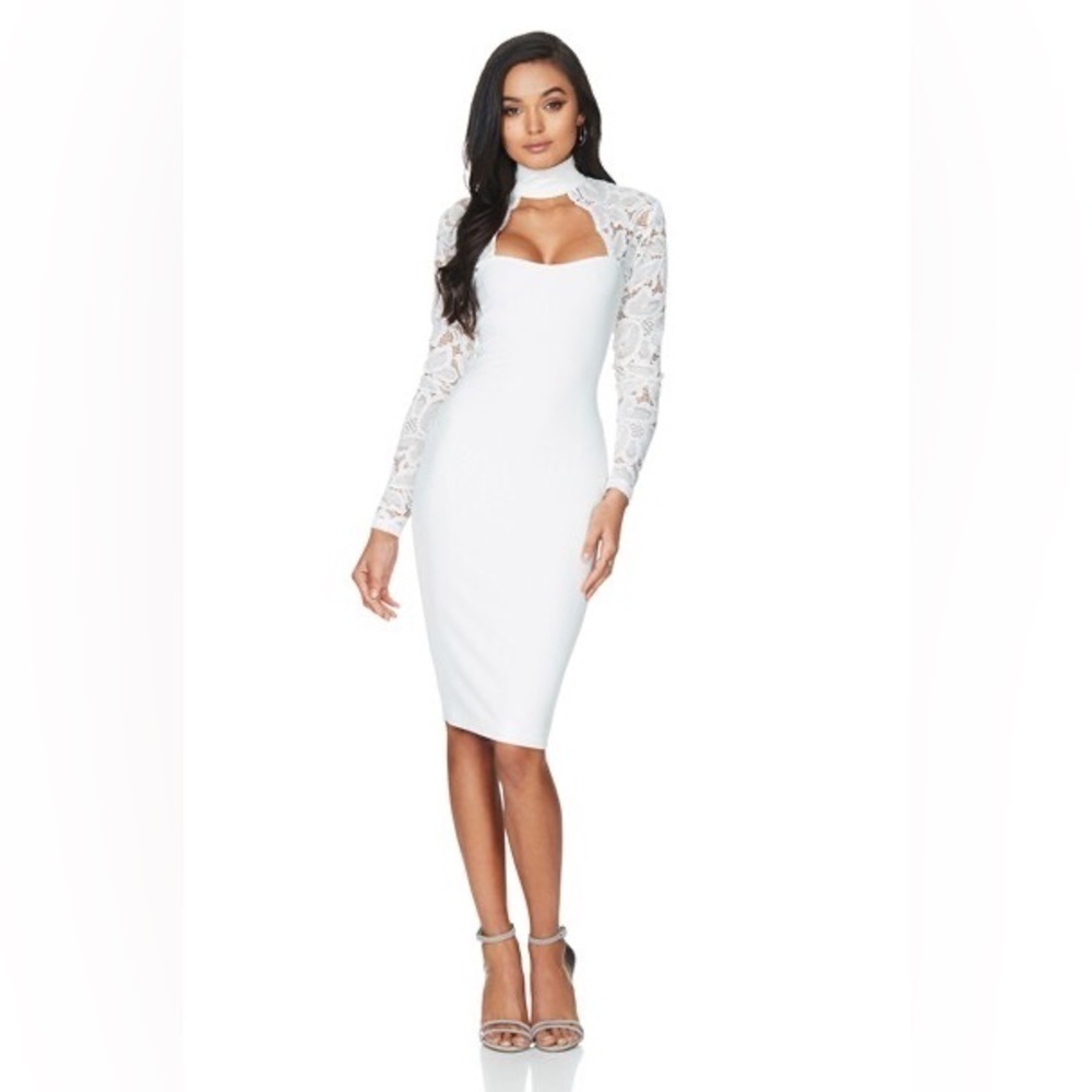 Nookie Lady Lace Long Sleeve White Midi Dress Formal Bodycon Sexy Night NWT v6x